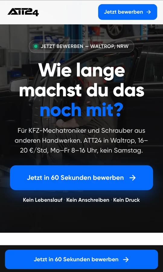 Startbereich der ATT24-Karriereseite mit der Frage „Wie lange machst du das noch mit?“