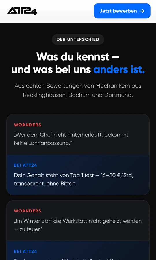 Vergleichsabschnitt der ATT24-Karriereseite: „Was du kennst — und was bei uns anders ist“